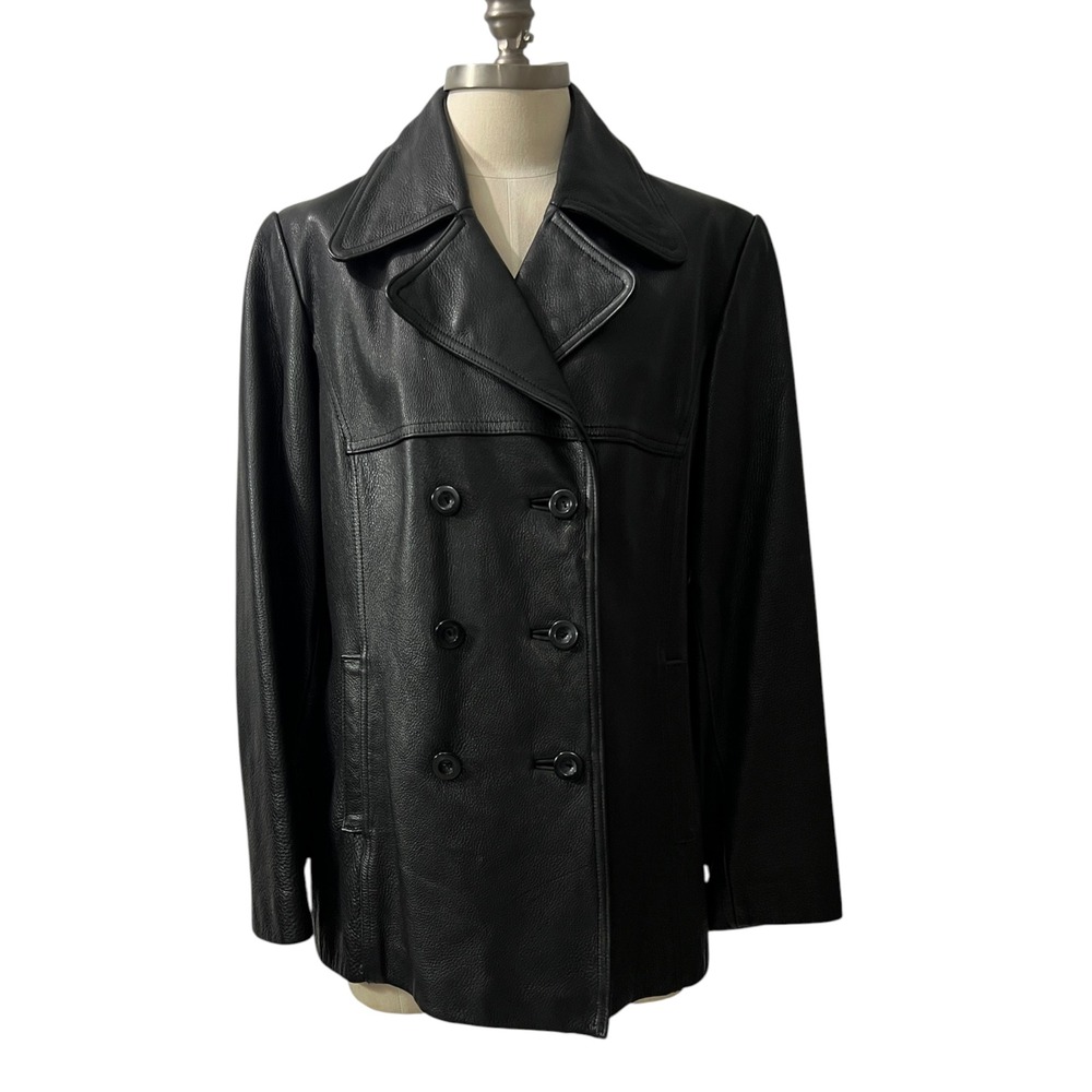 Vintage Jones New York Black Leather Peacoat Jacket Women's Large - Picture 3 of 13